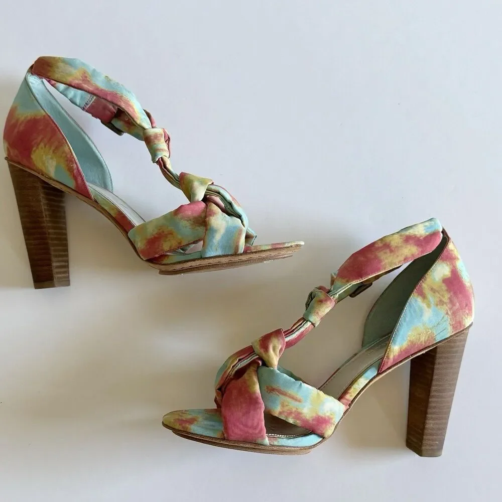 Vince Camuto Tie Dye Fabric Buckle Sandals High Block Heels Women's Size 9.5B